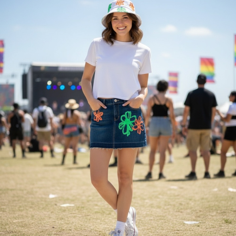 Tommy Jeans Graphic Painted Flowers Floral Festival Denim Skirt